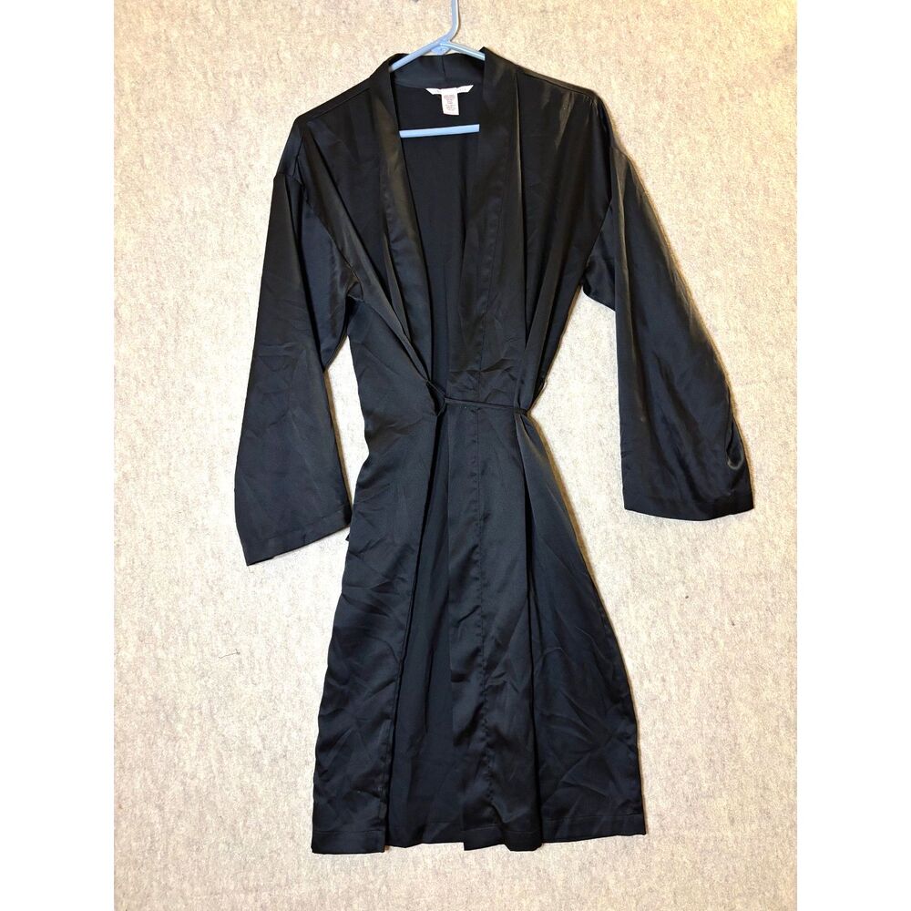 Victoria’s Secret Satin Midi Robe XS/S Black Wrap Kimono Long Sleeve